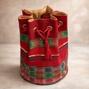 Vintage Handwoven Drawstring Bucket Bag Red, Green, Yellow African Kente Cloth